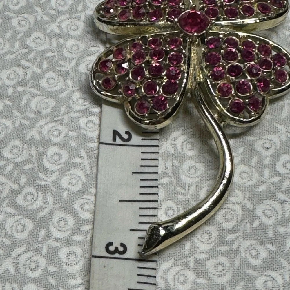 Sarah Coventry Brooch Pin Pink Ice Four Leaf Clover Gold Tone Vintage 3